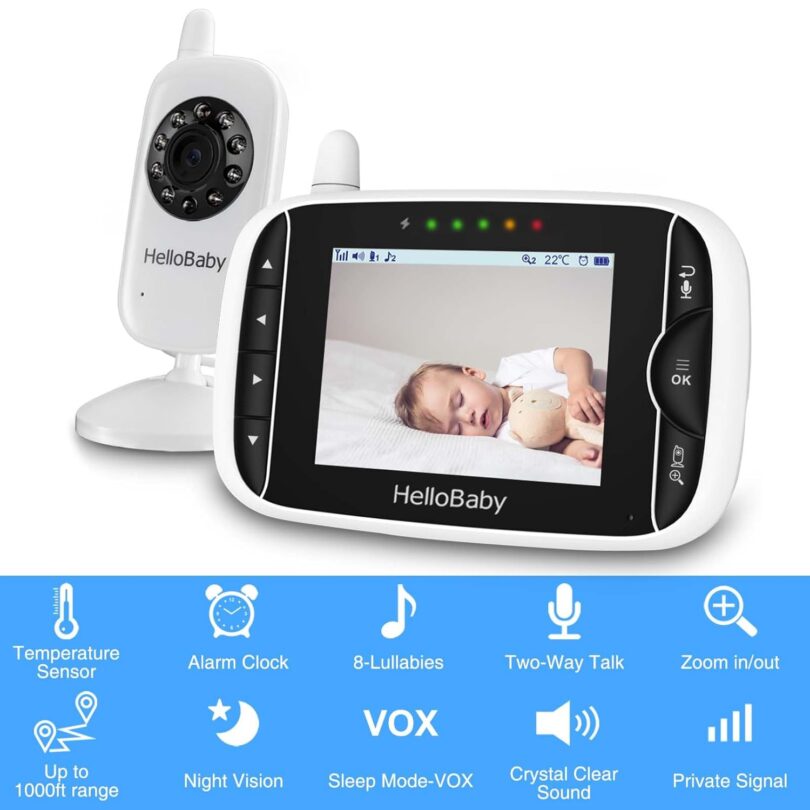 Video Baby Monitor with Camera and Audio, 3.2Inch LCD Display, Infrared Night Vision, Two-Way Audio and Room Temperature Monitoring,Lullaby,Sound Activated Screen - Image 2