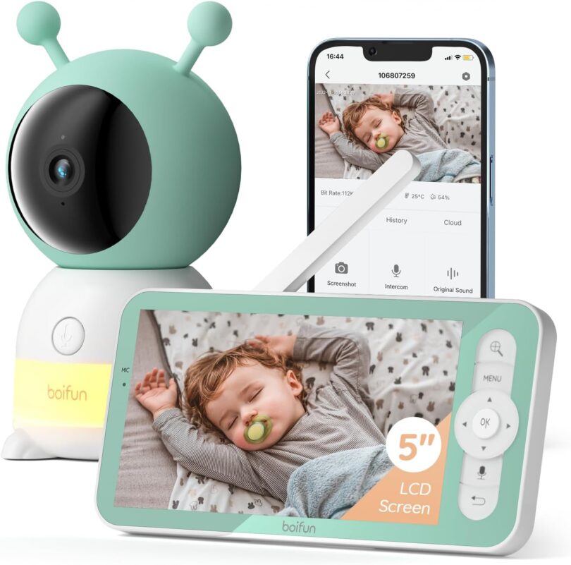 BOIFUN 5" Baby Monitor, 2K WiFi Baby Camera Via Screen and App Control, Temper& Humidity Sensor, Night Vision, 2-Way Talk, Cry& Motion Detection, Free Smart Phone App, Works with iOS, Android(Baby6T)